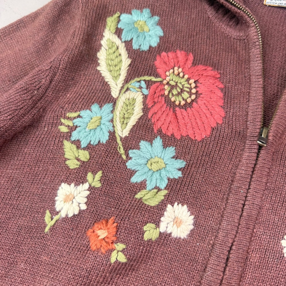 VTG Y2K Brown Floral Sweater Cardigan M Cottagecore Embroidered Grannycore Fall - Picture 4 of 7